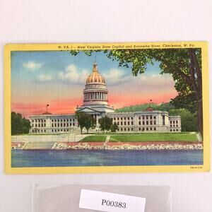 West Virginia State Capitol & Kanawha River Charleston WV 1940s Linen Postcard